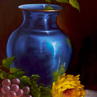 Blaue Vase mit Rosen und Weintrauben, Detail, Dr. Astrid Markus-Erb